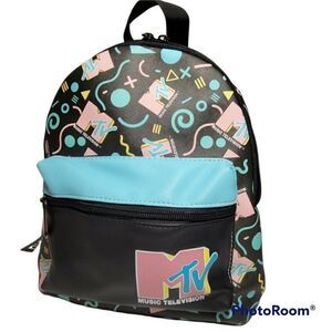 MTV Music Television Mini Backpack w/Zip Pocket Black Multi 10.5" Faux Leather